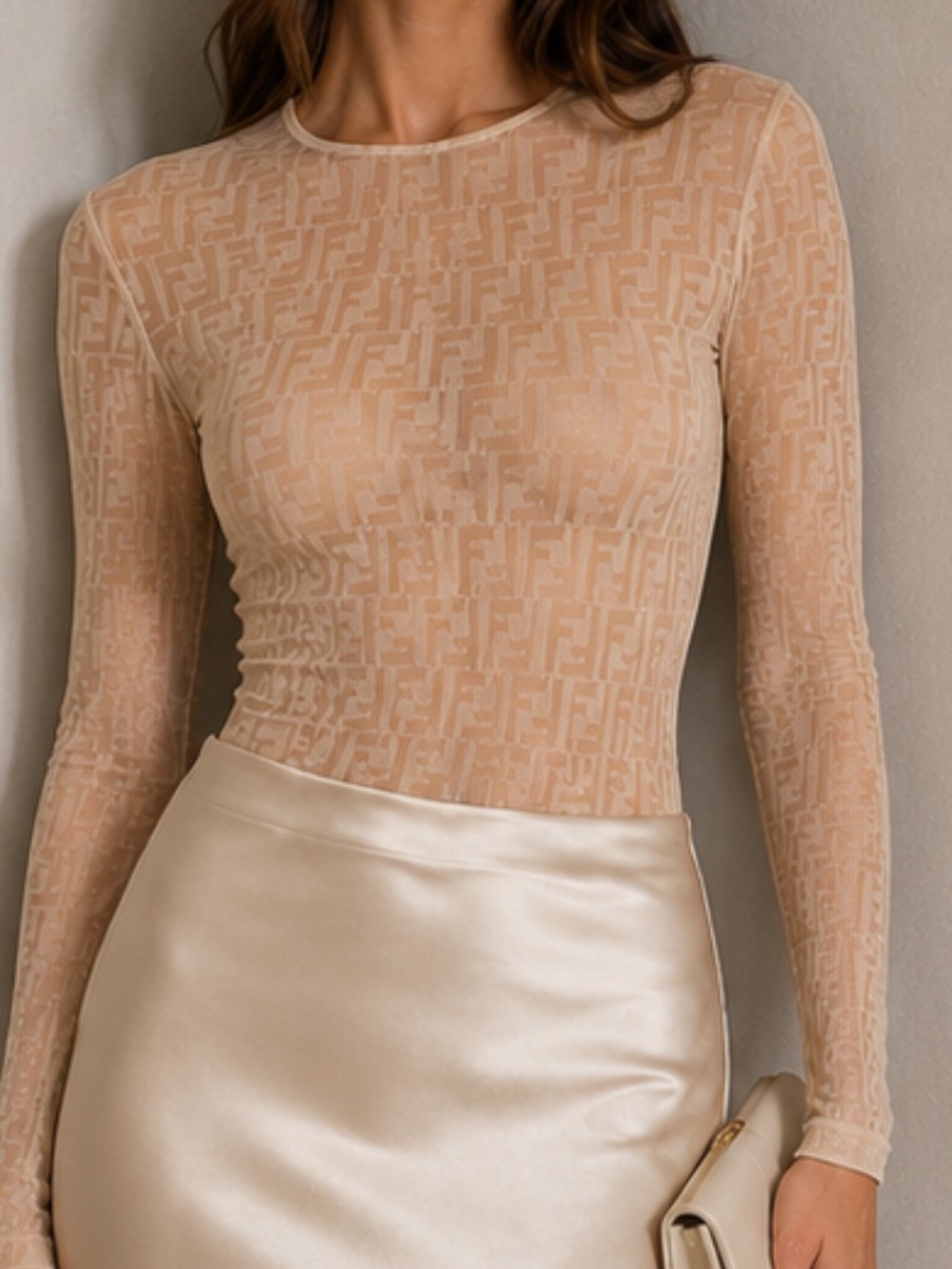Fendi Nude Beige Monogram Mesh Bodysuit